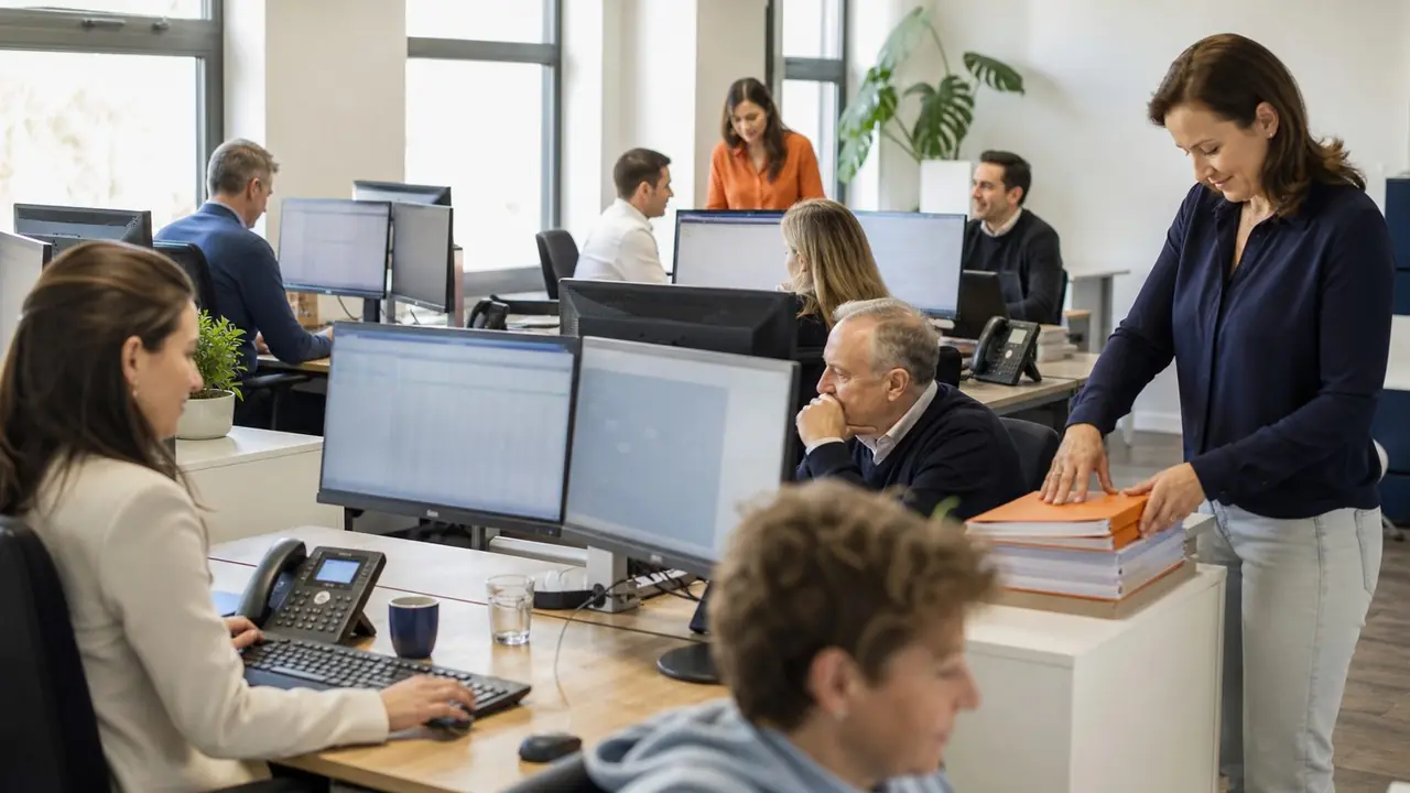 Accountants at their desks with two screens each, while the office manager sorts a stack of client folders.