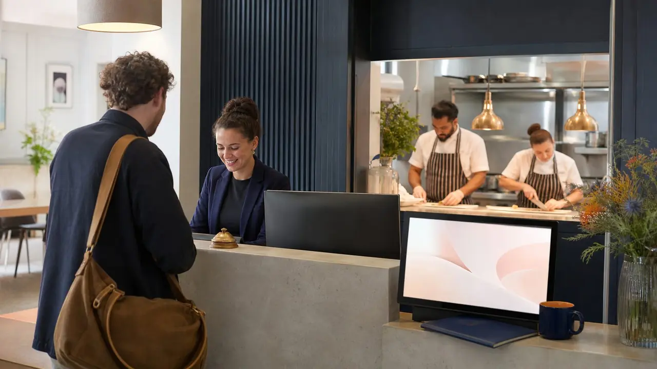 A front desk agent greets a guest in a hotel lobby while chefs work in the open kitchen behind.