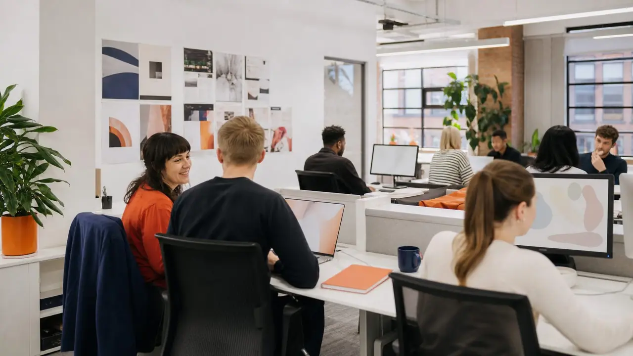 Designers at work in a studio, with client decks on screen and moodboards on the wall.