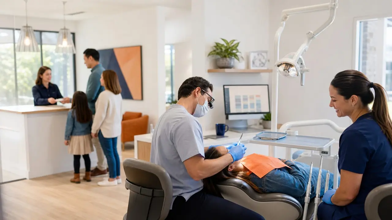 A dentist with a patient in the chair while a dental assistant smiles nearby, and the front desk team talks with a family at check-in.