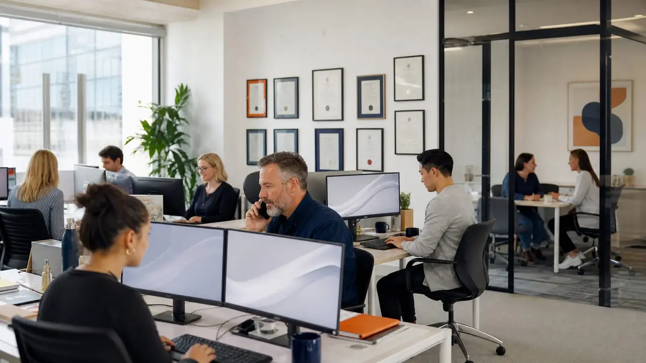 Insurance brokers on calls with clients, with a whiteboard tracking renewals.