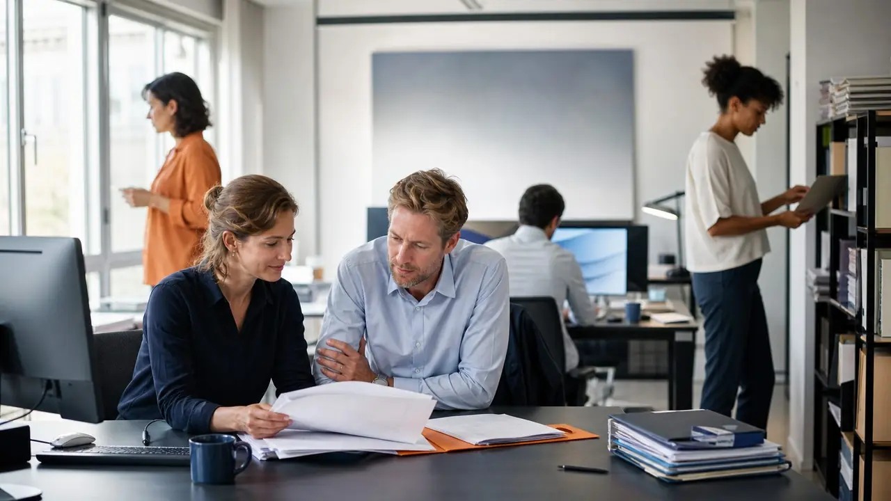 Two lawyers review a contract at a desk while a paralegal organises case files.