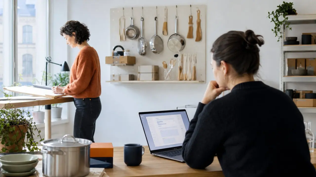 A product designer sketches at a standing desk while a support agent reviews emails, with sample pots and packaging around them.