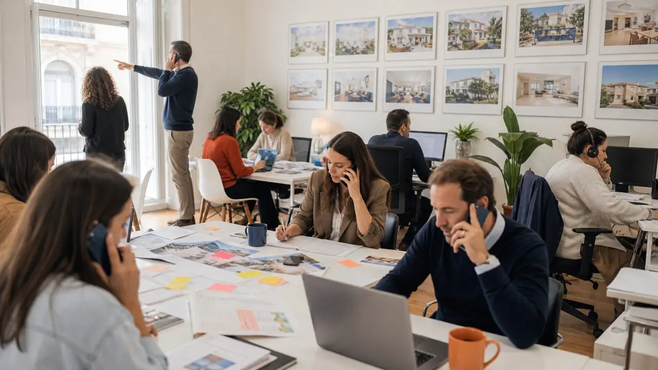 Estate agents on calls with buyers in a bright office, property flyers on the central table.