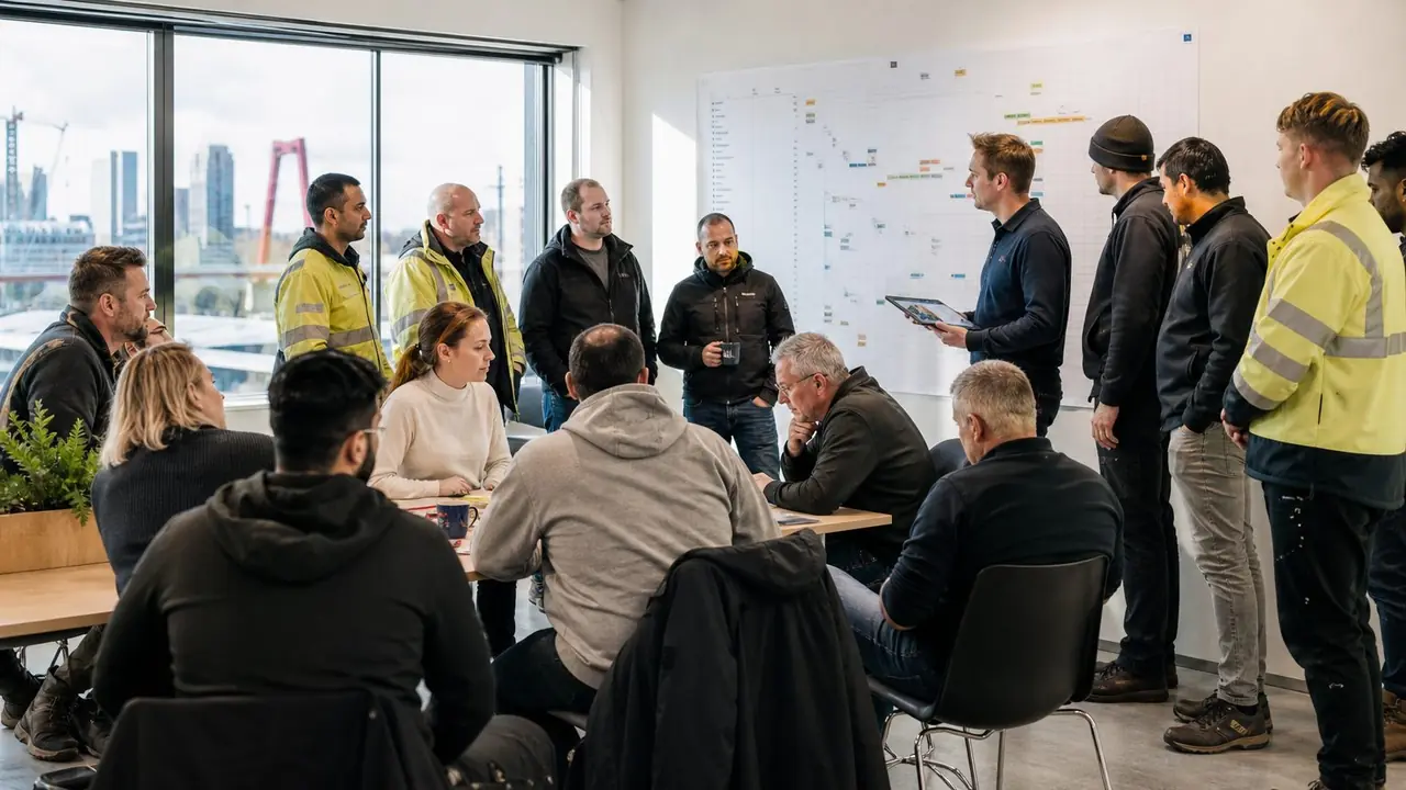 A morning huddle: project managers align with field crews before heading to sites.