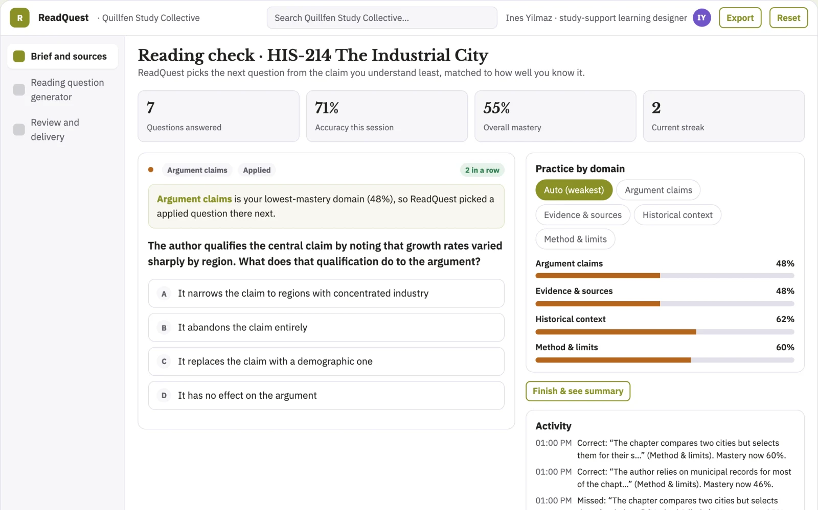 What Academic reading question generator looks like