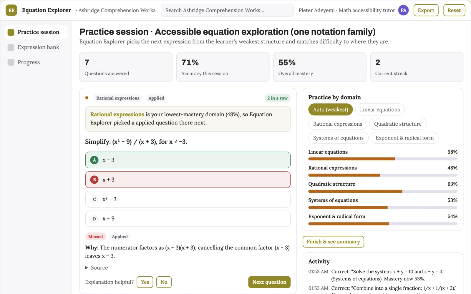 What Accessible equation exploration tutor looks like