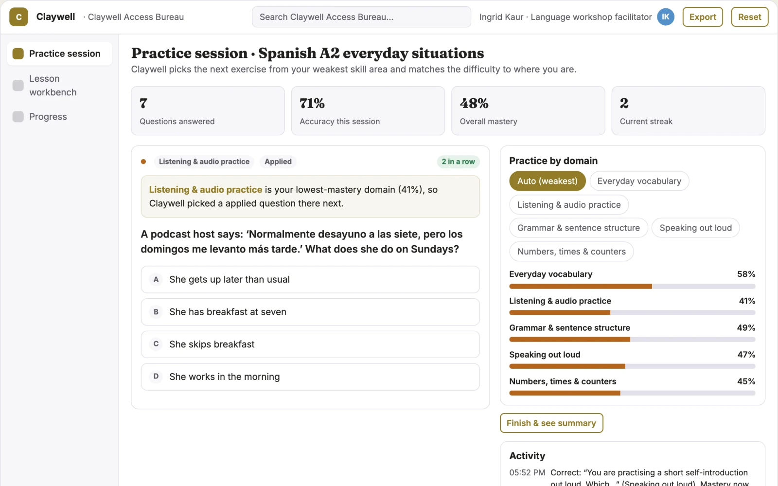 What Adaptive language practice and lesson workbench looks like