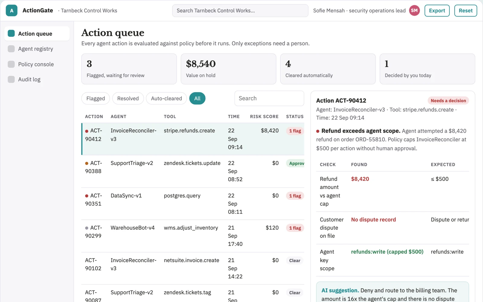What Agent action control and audit portal looks like