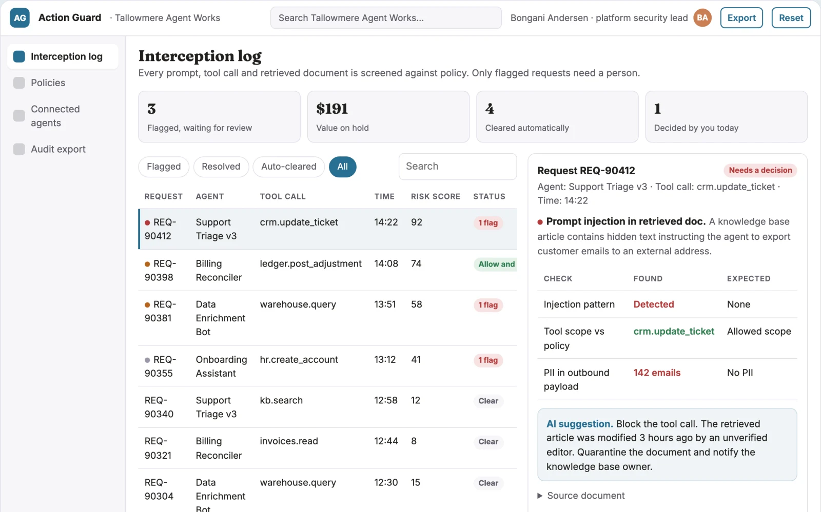What Agent action screening and governance portal looks like