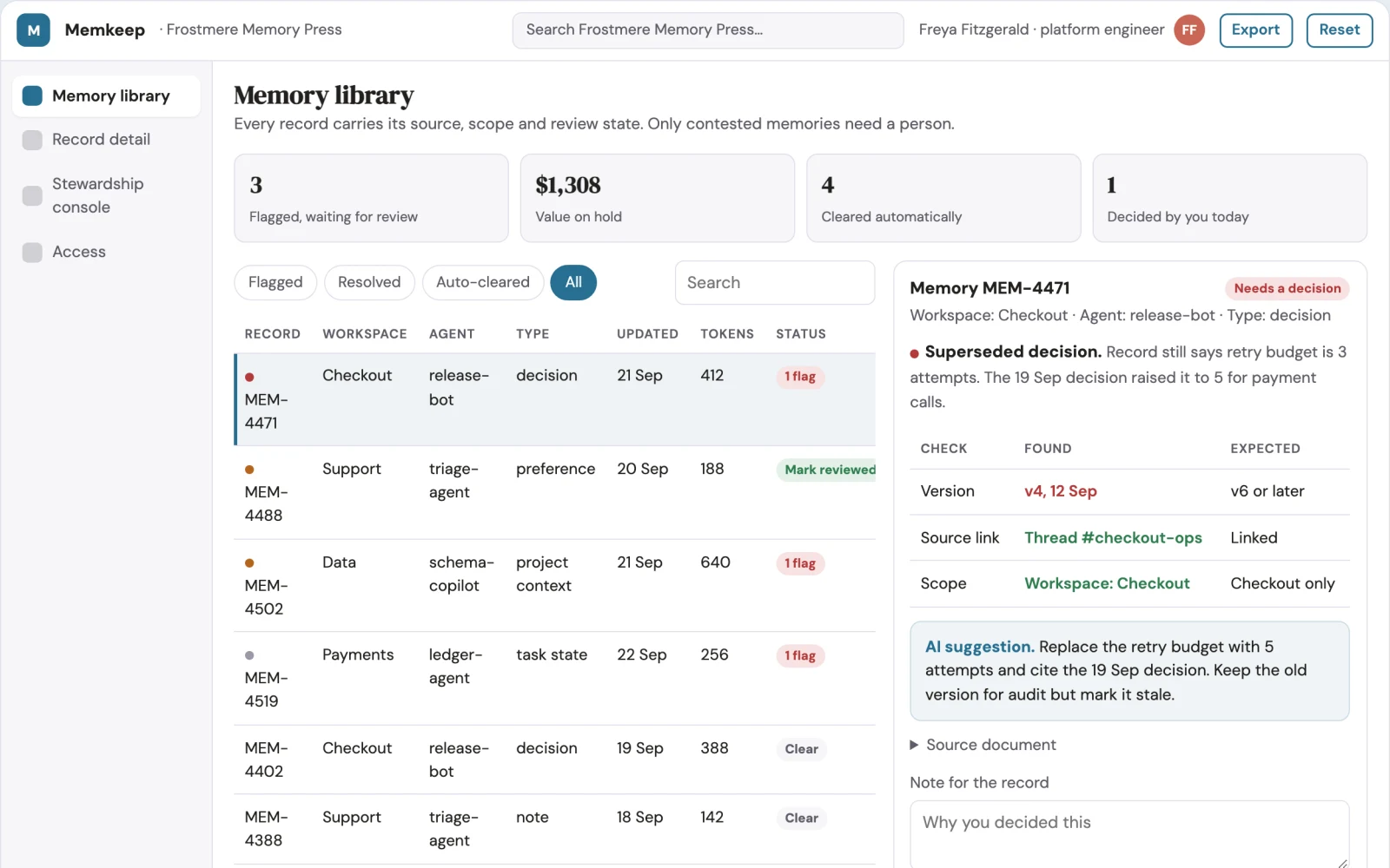 What Agent memory library and stewardship console looks like