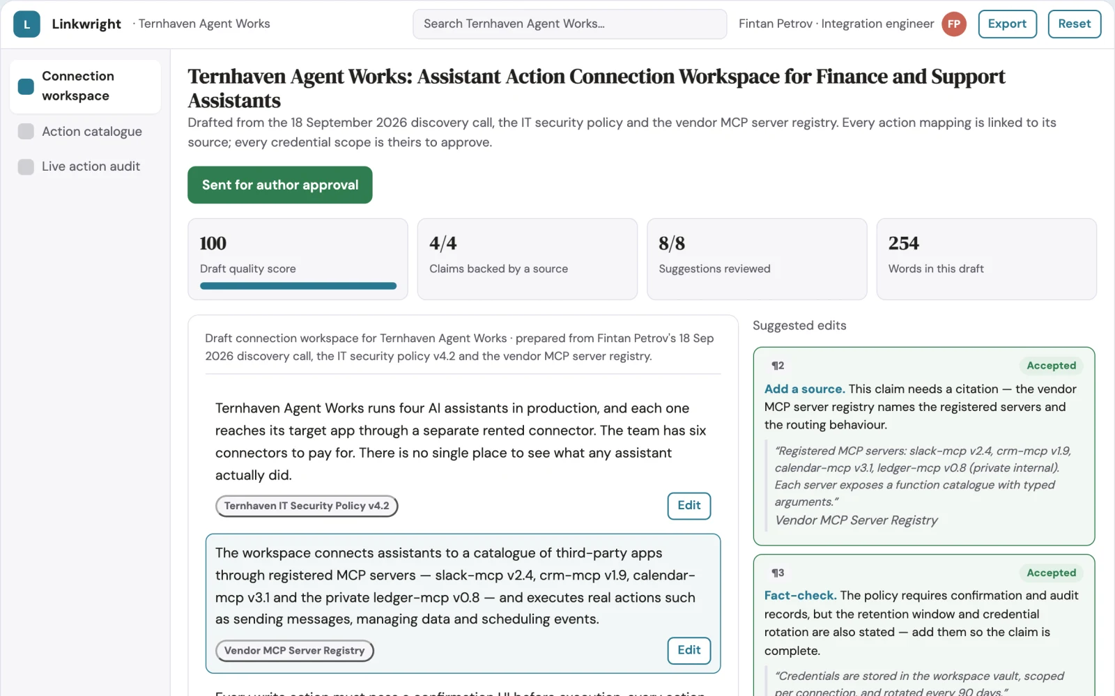 What AI assistant action connection workspace looks like