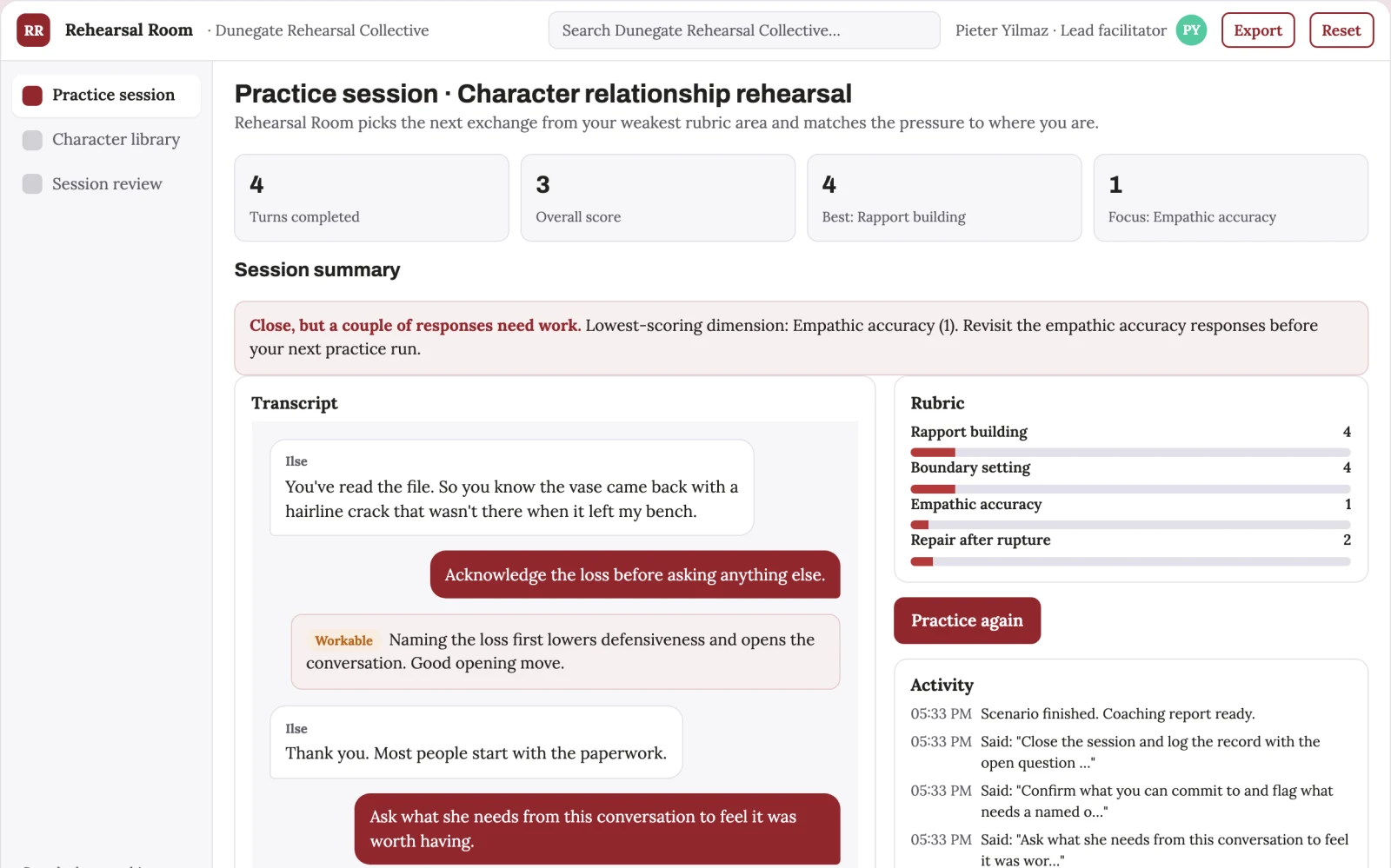 What AI character relationship practice studio looks like