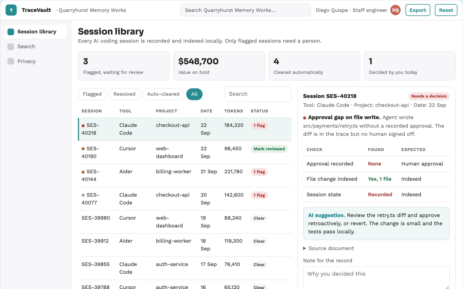 What AI coding session record and search console looks like