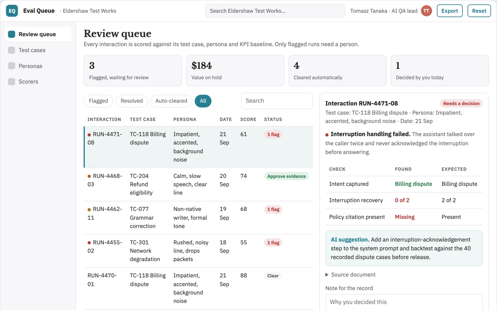 What AI interaction evidence review and QA workspace looks like
