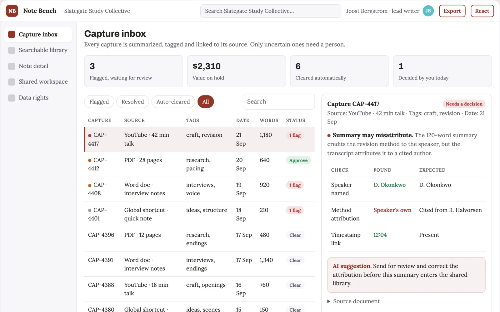 What AI note capture and retrieval workbench looks like