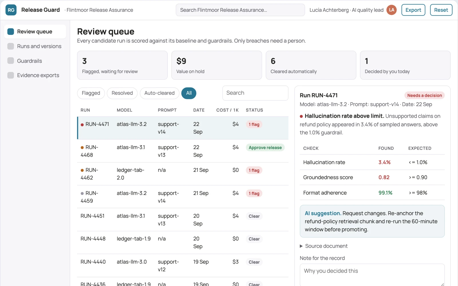 What AI output evidence review and release workspace looks like