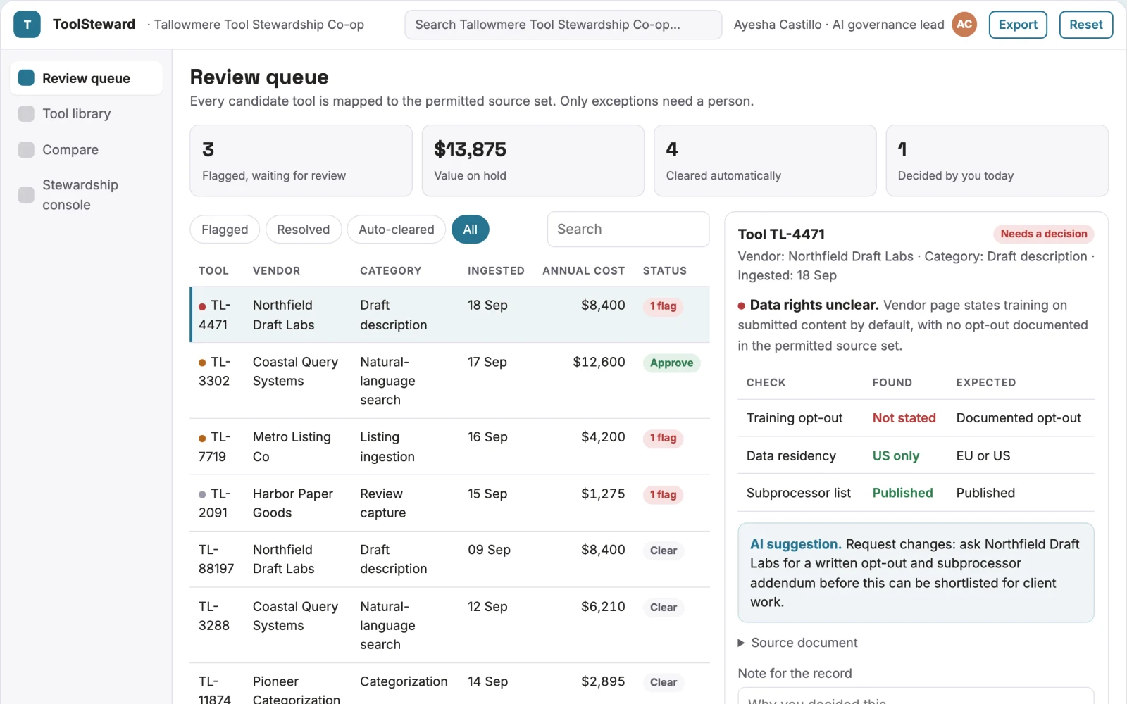 What AI tool comparison and stewardship console looks like
