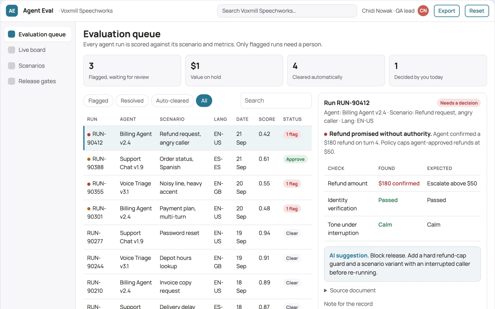 What AI voice and chat agent evaluation workspace looks like