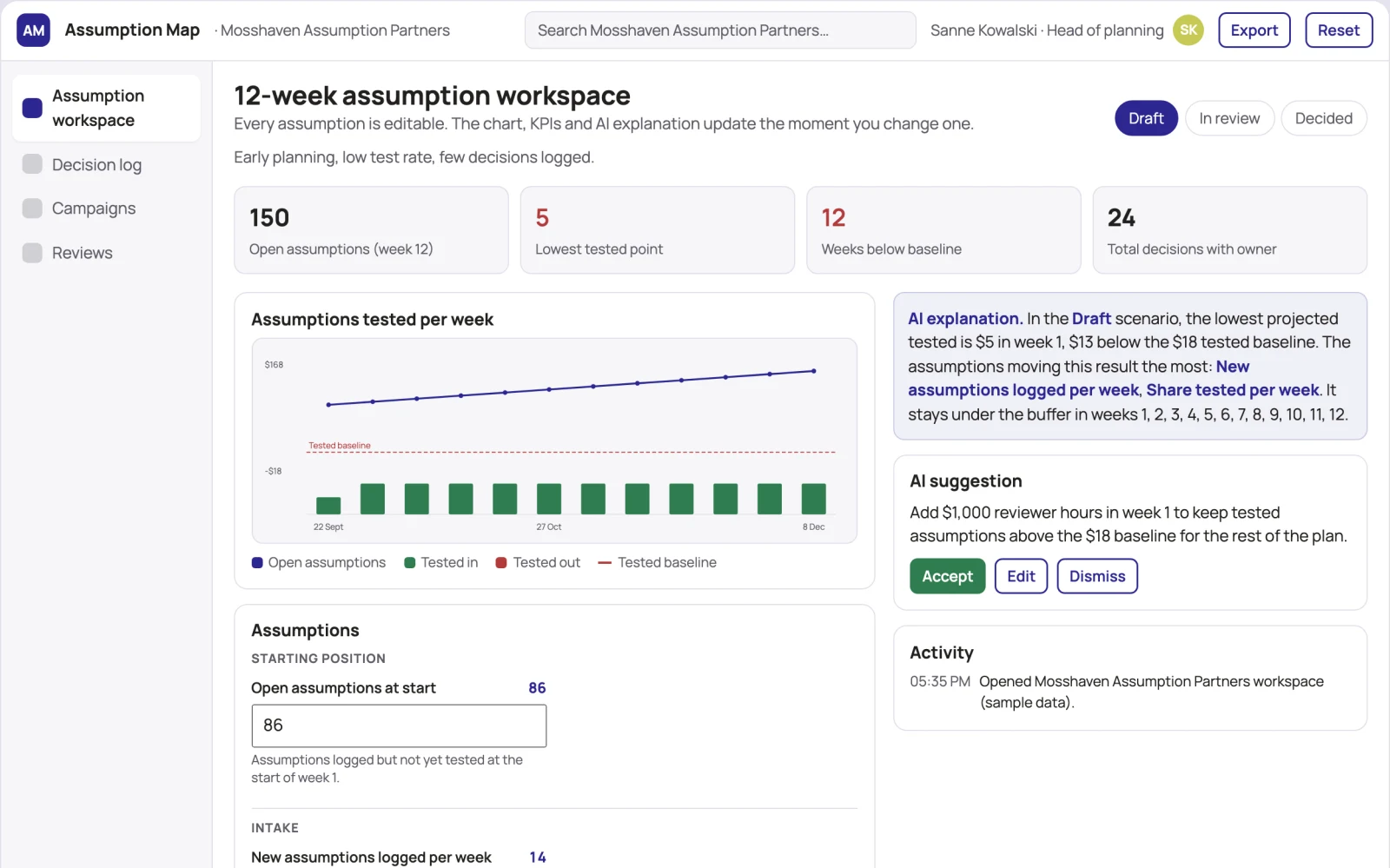 What Assumption-driven planning and decision workspace looks like