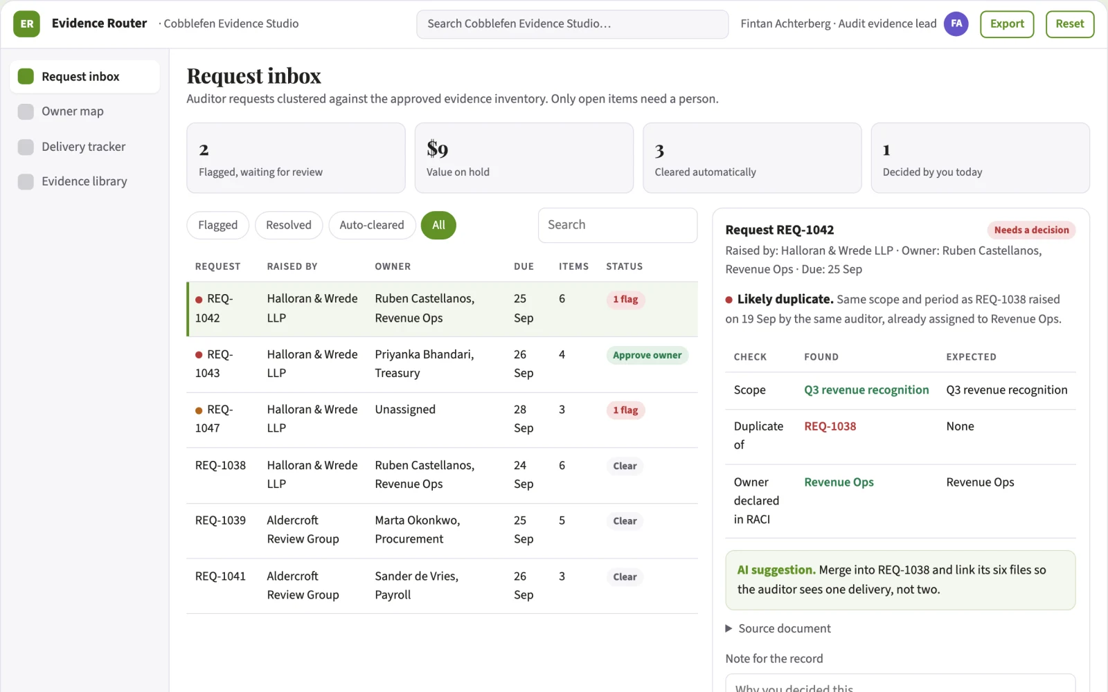 What Audit request evidence router looks like