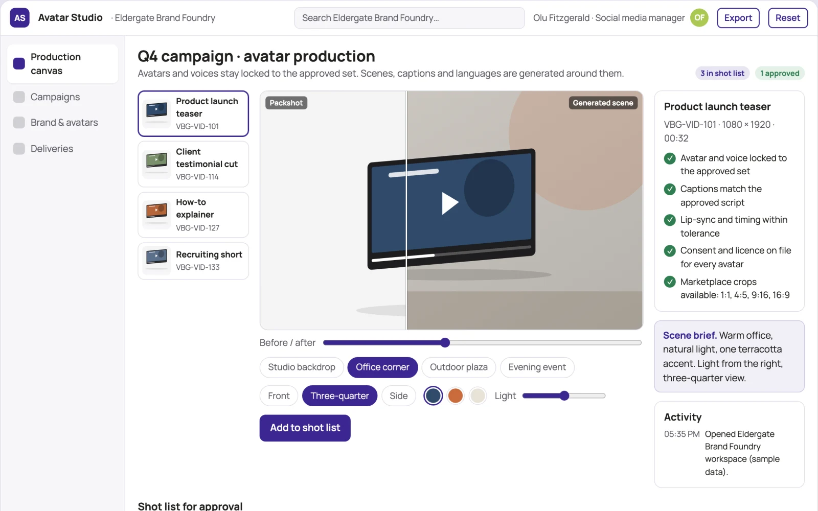 What Avatar video marketing production workbench looks like