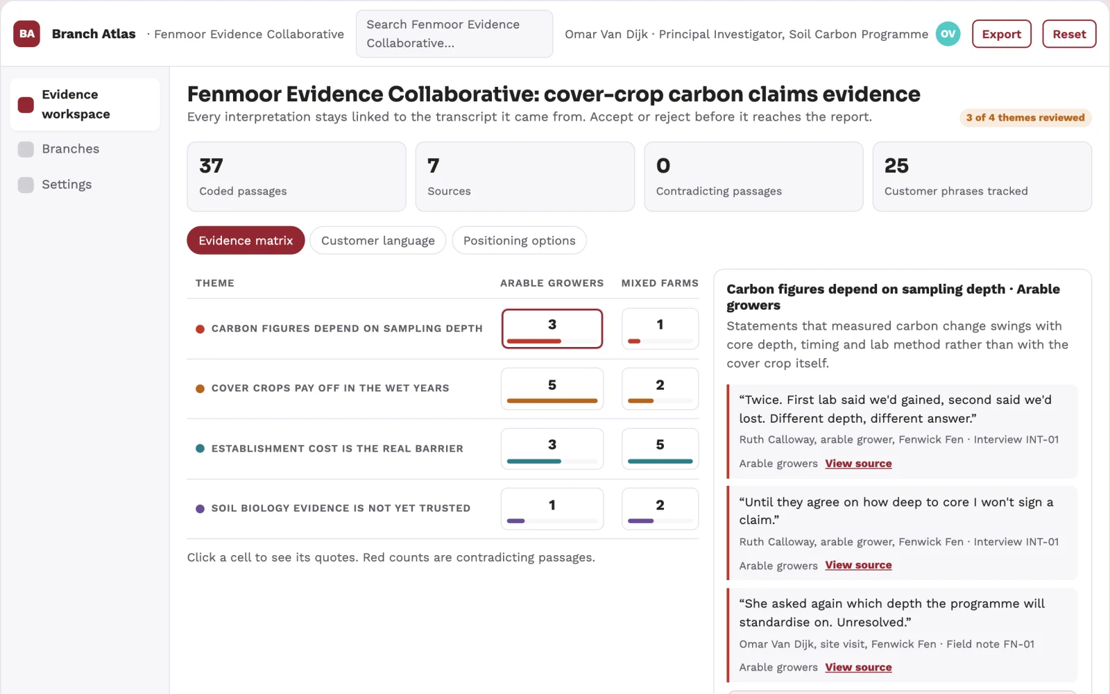 What Branching research workspace with cited reports looks like
