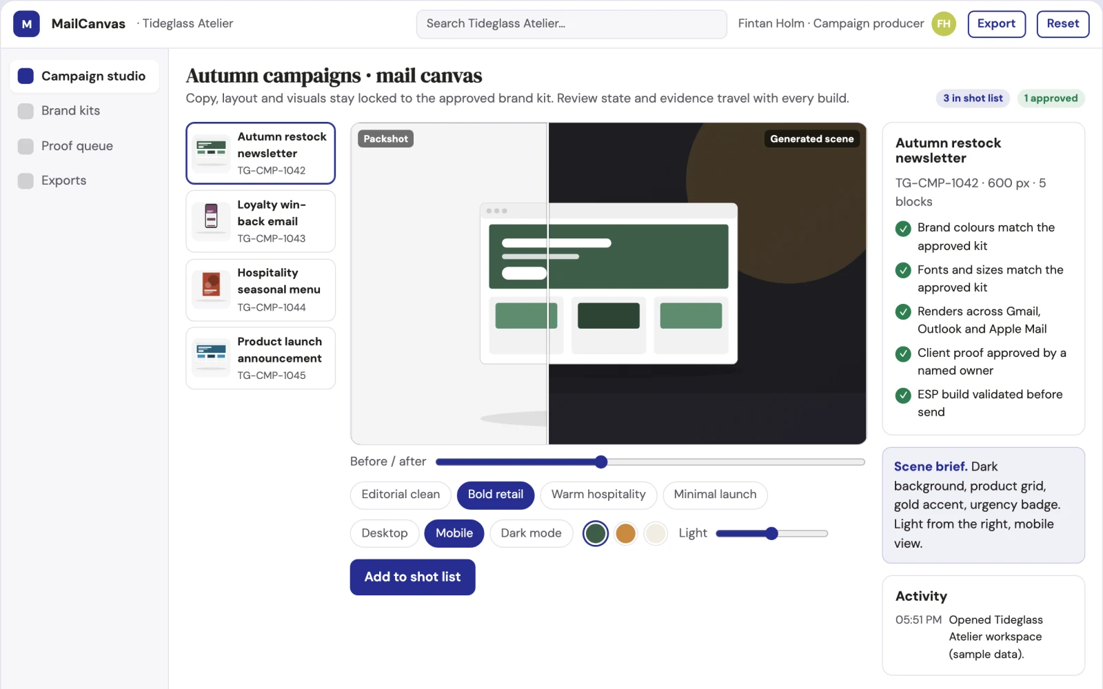 What Brand-locked email design and send workbench looks like