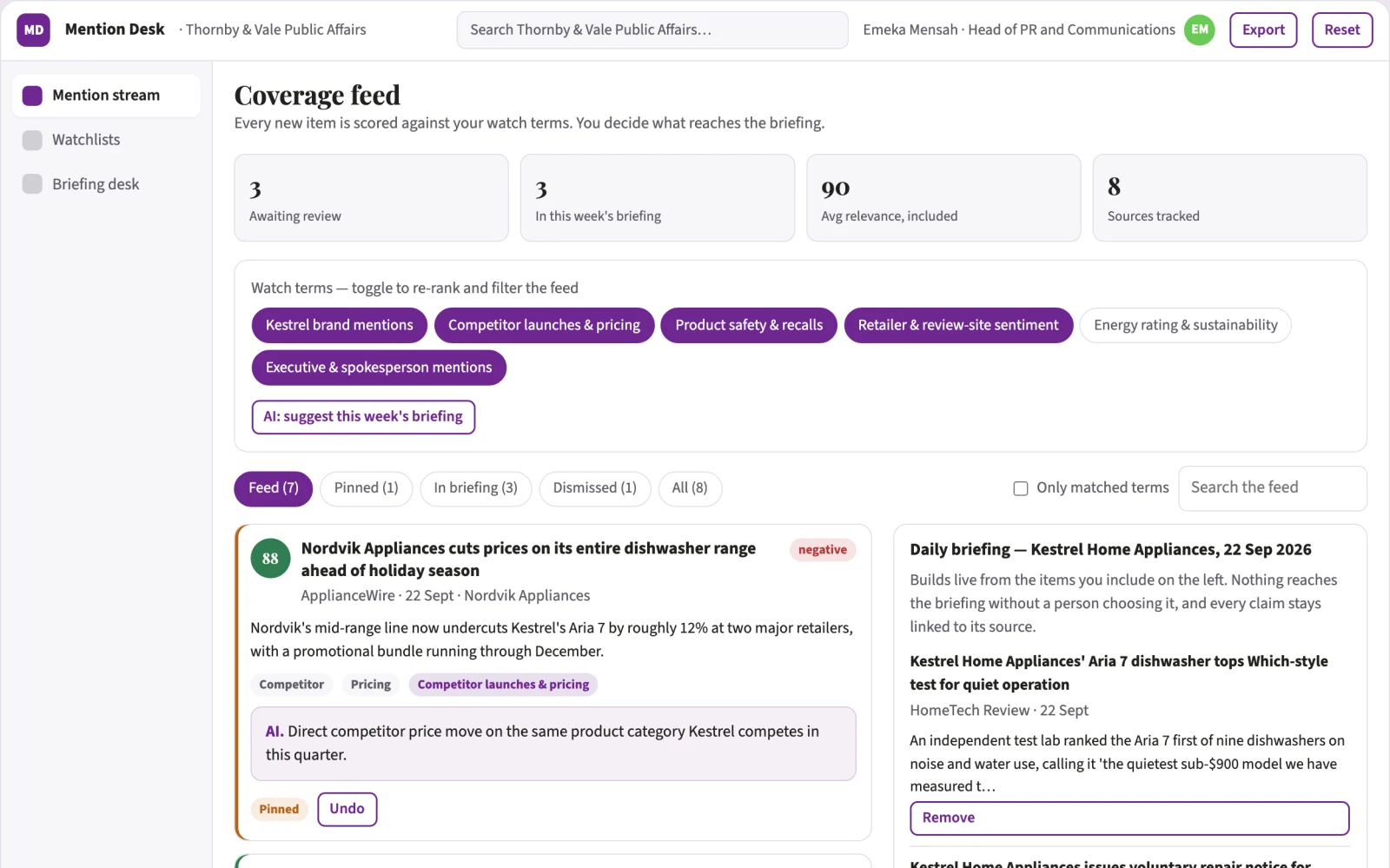 What Brand mention watchlist and briefing desk looks like