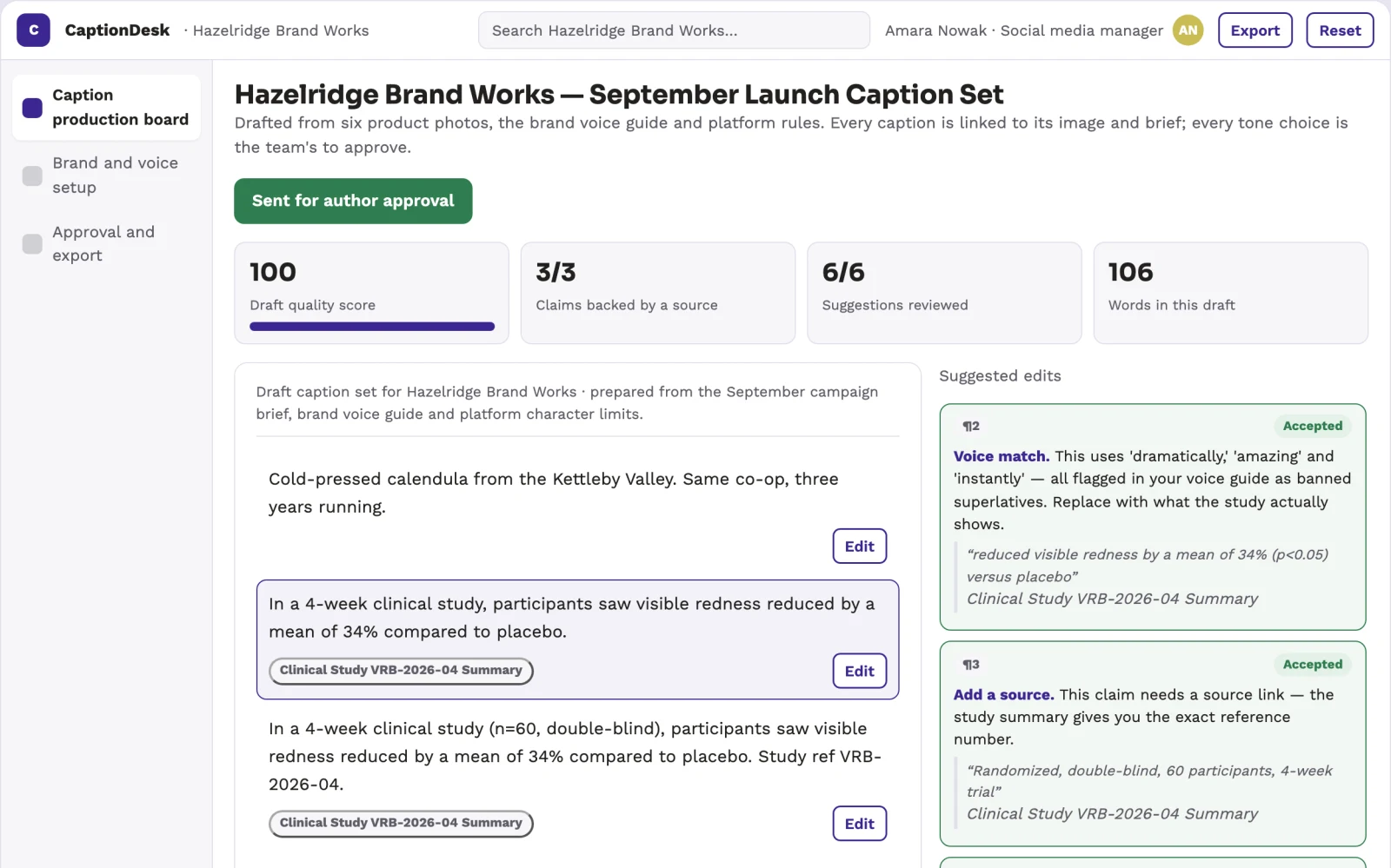 What Brand-owned social caption production workspace looks like