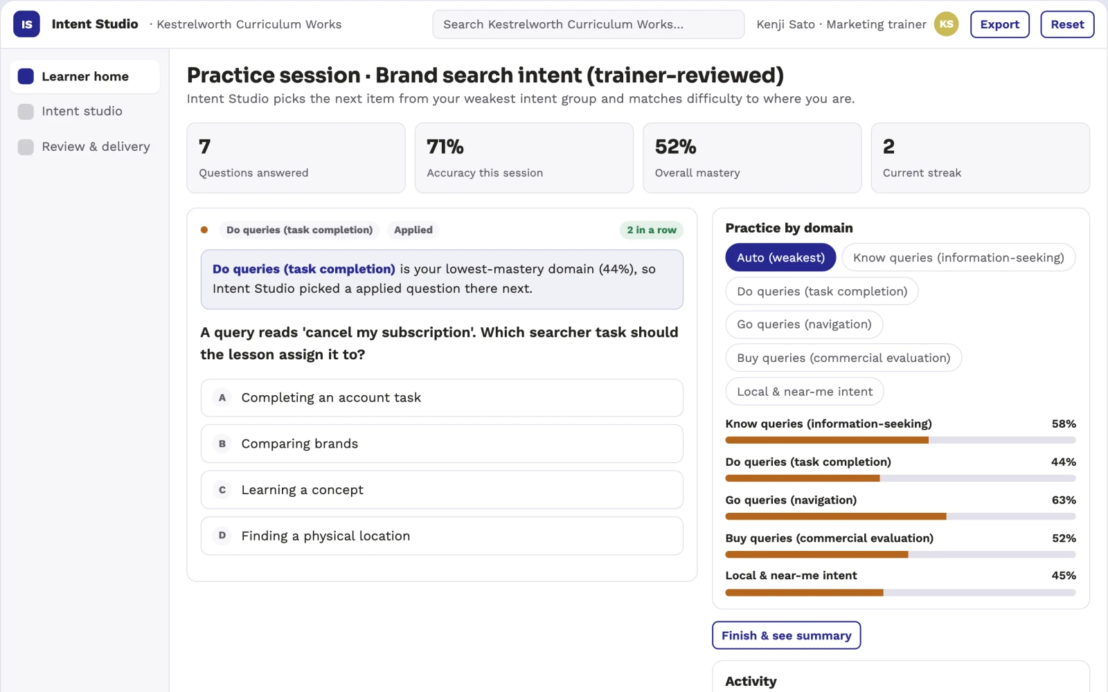What Brand search intent teaching studio looks like