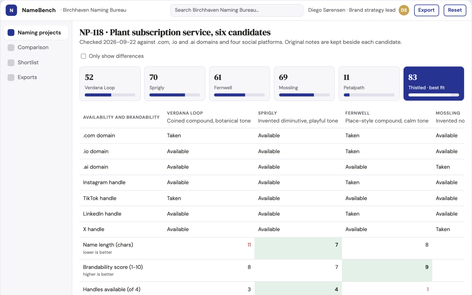 What Brandable name and handle availability workbench looks like
