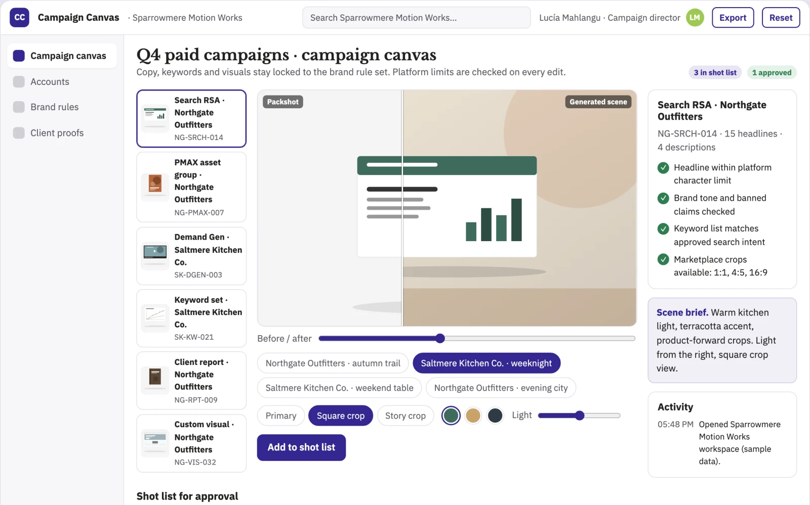 What Branded campaign copy and creative production workbench looks like