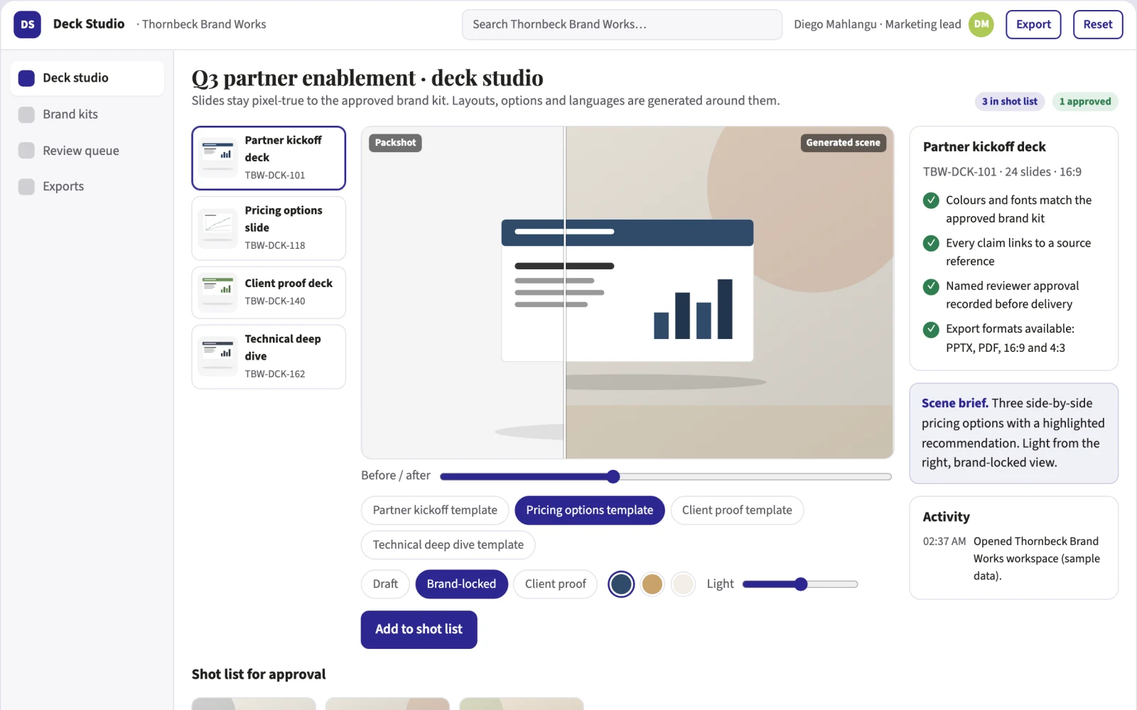 What Branded deck production and review workbench looks like
