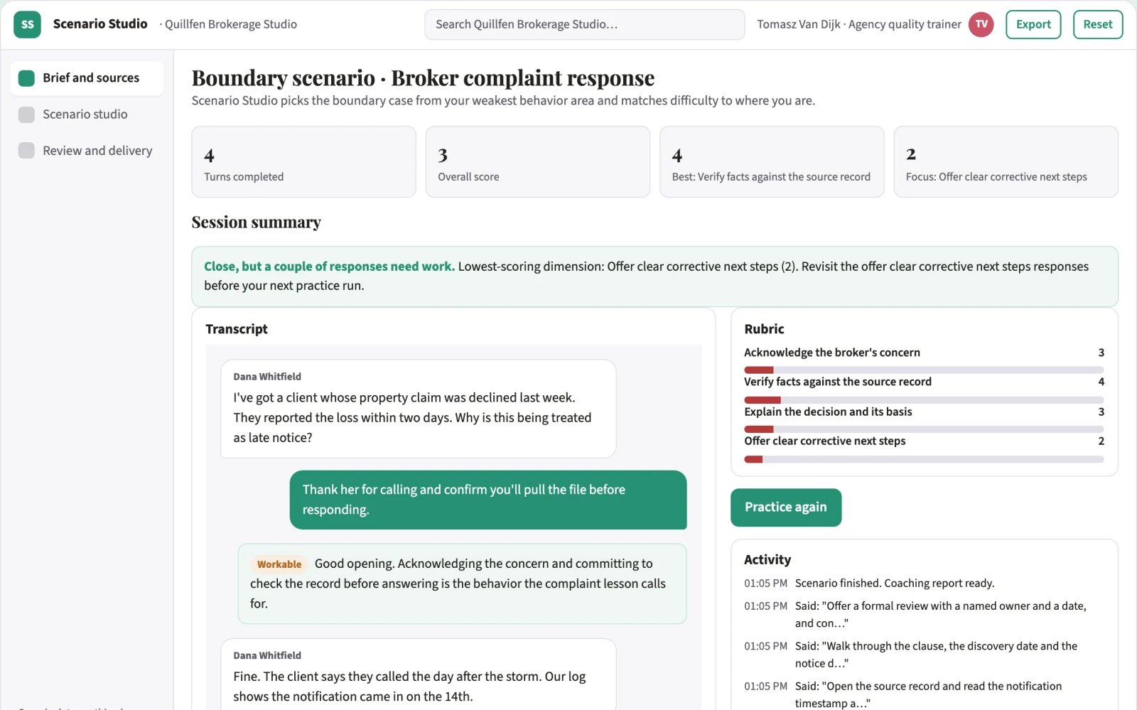 What Broker complaint learning scenario studio looks like