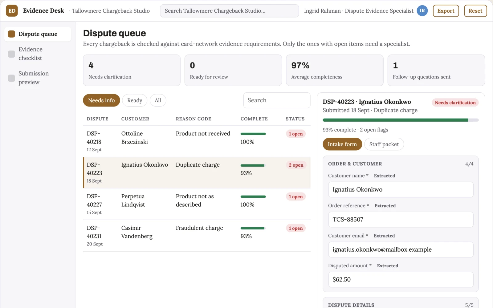 What Chargeback evidence preparation portal looks like