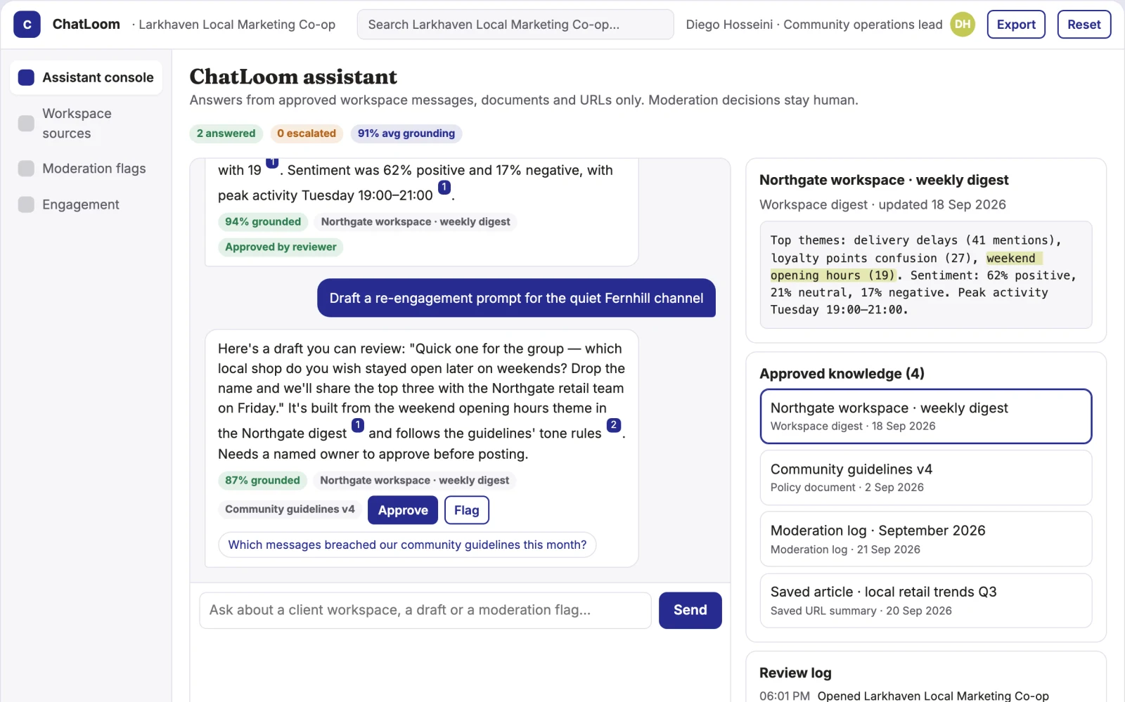 What Chat workspace AI assistant and moderation console looks like