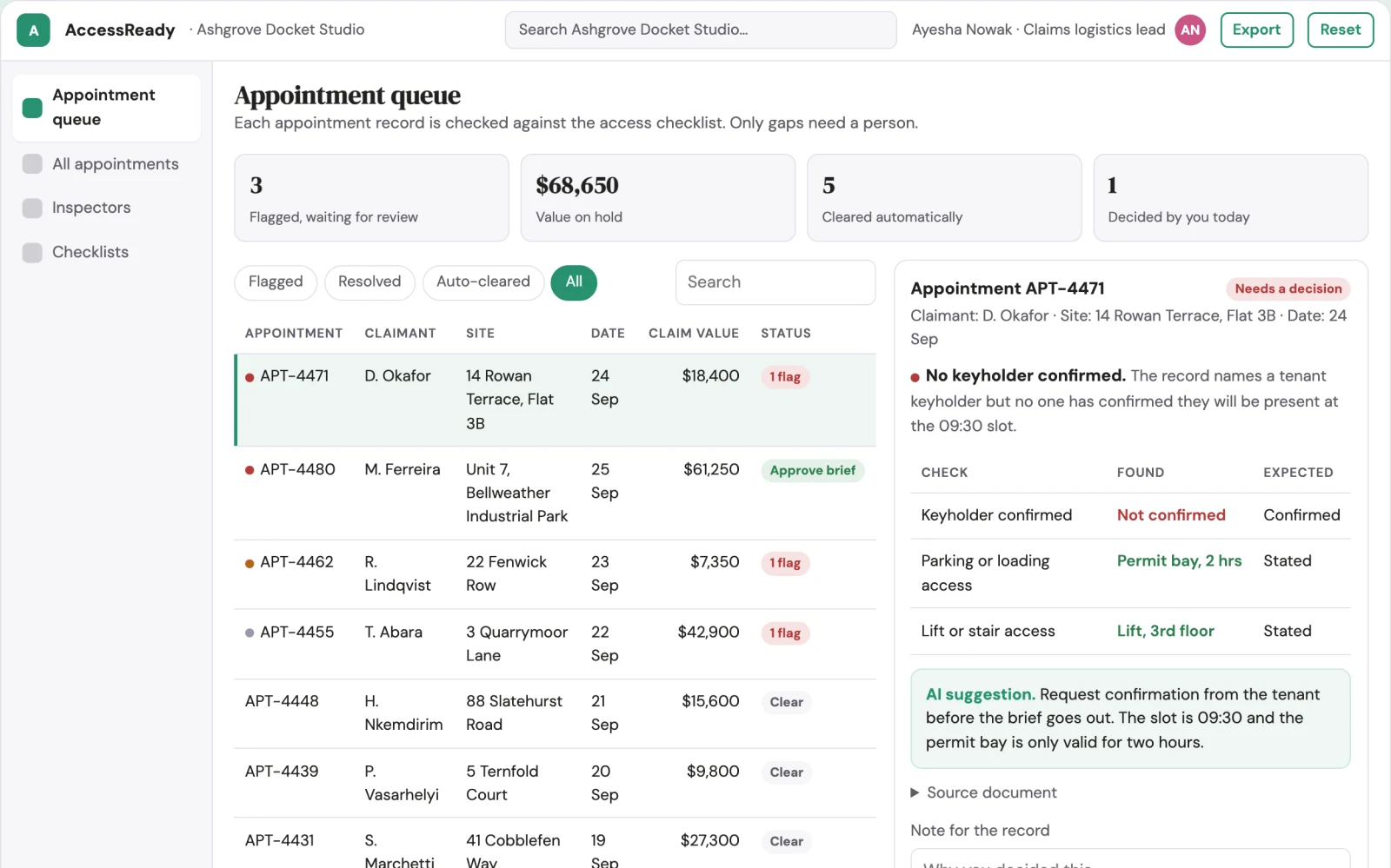 What Claims appointment logistics planner looks like