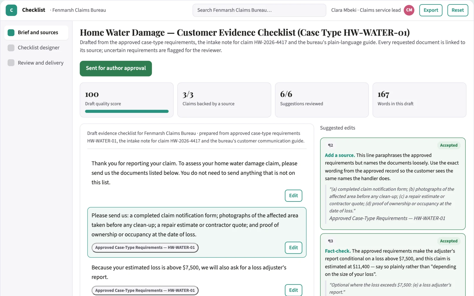 What Claims customer-document checklist designer looks like