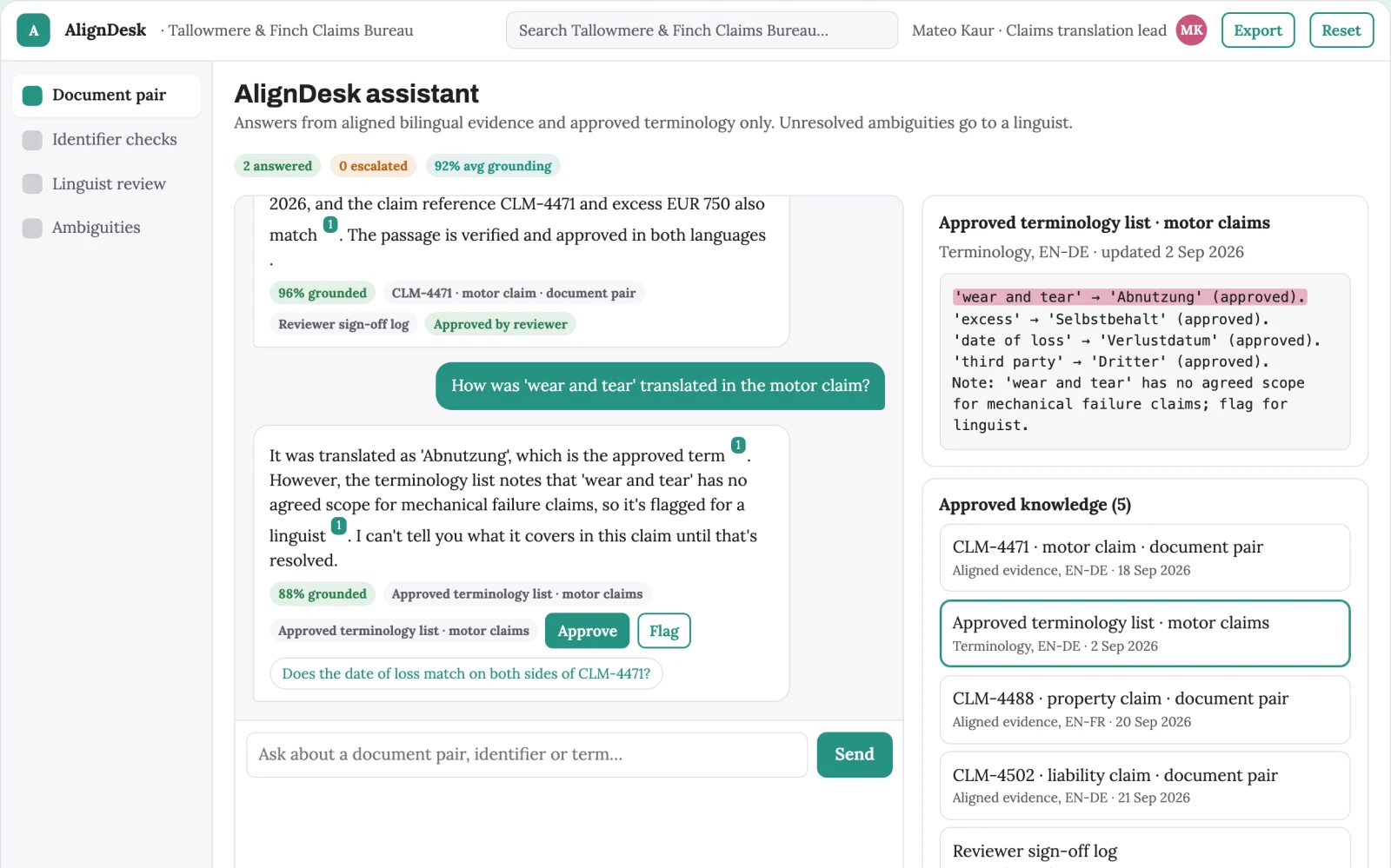 What Claims document translation alignment looks like