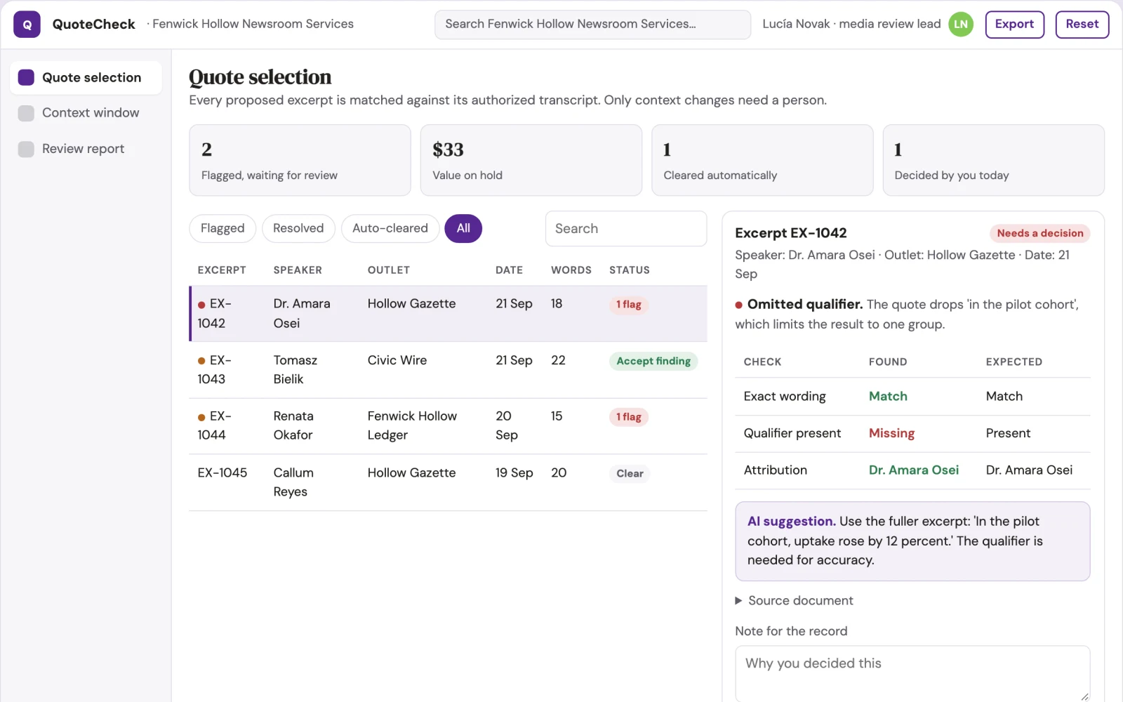 What Communications quote context checker looks like