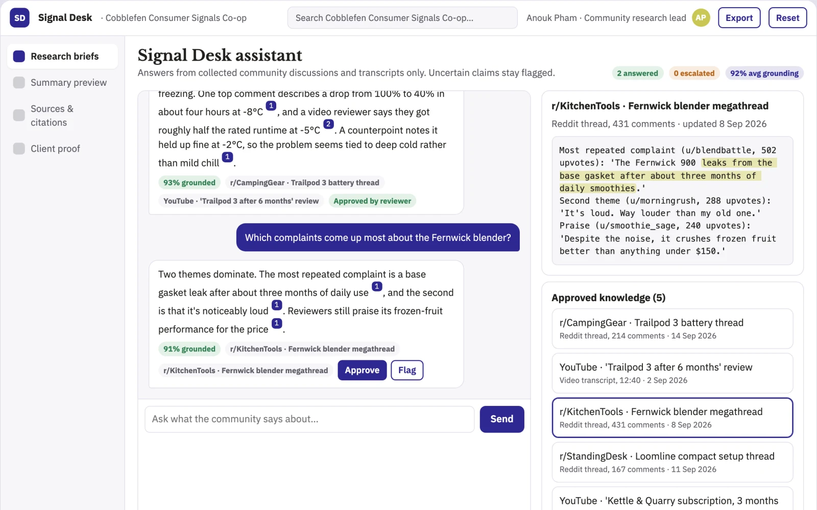 What Community opinion research and summary console looks like