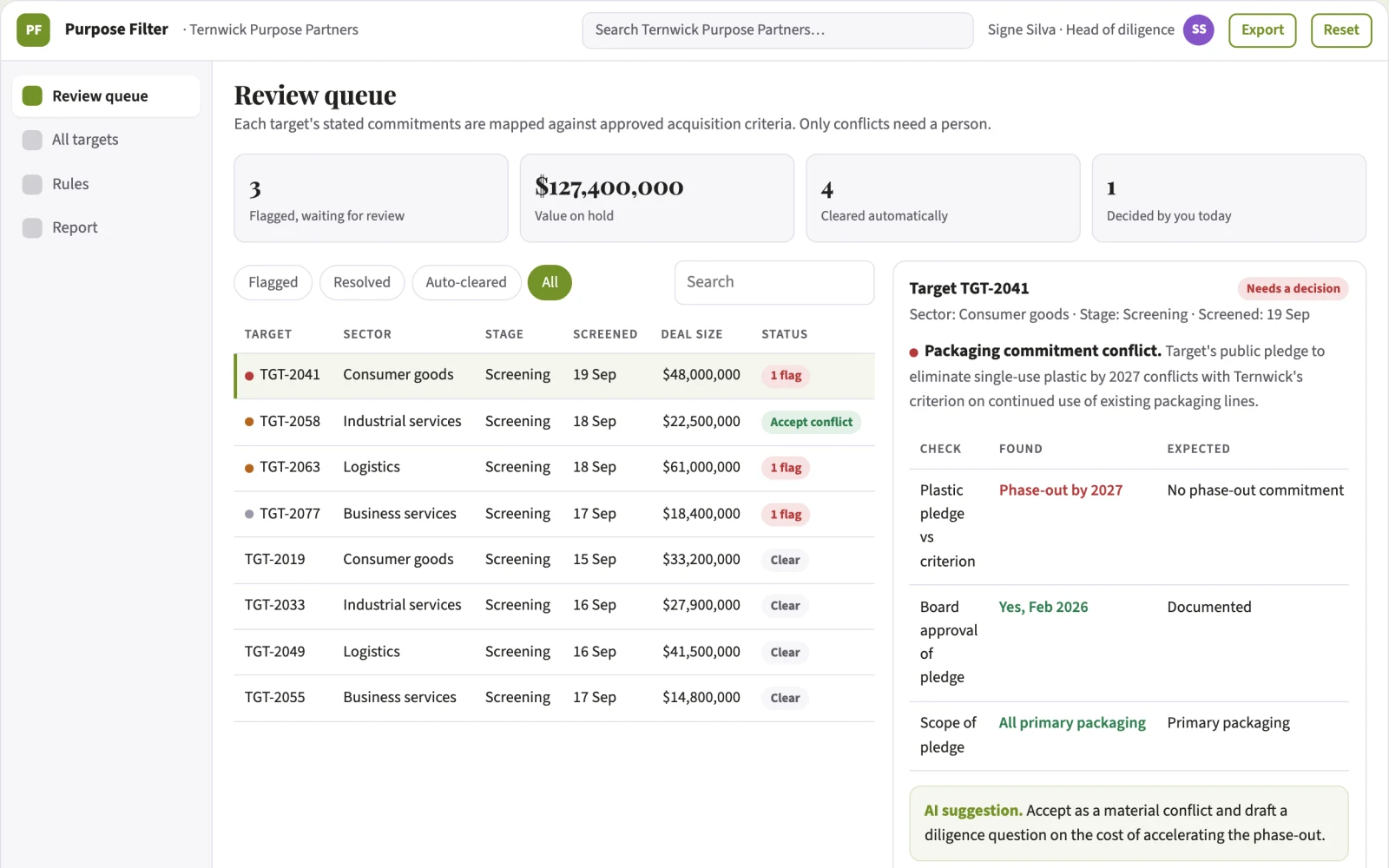 What Company purpose acquisition filter looks like