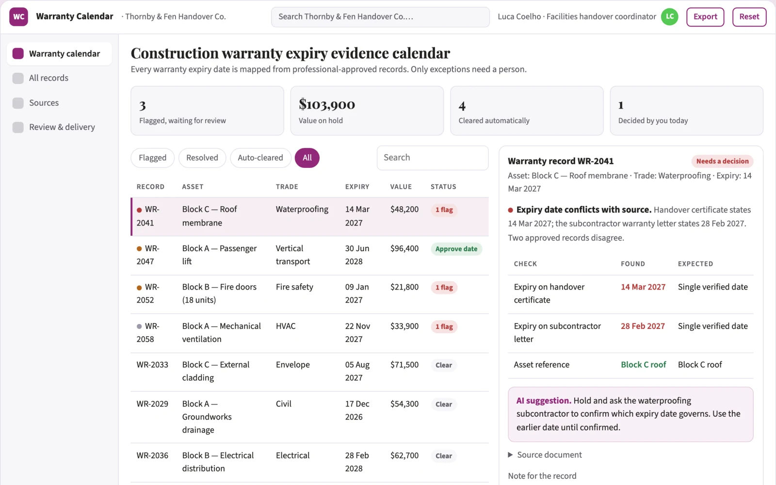 What Construction warranty expiry evidence calendar looks like