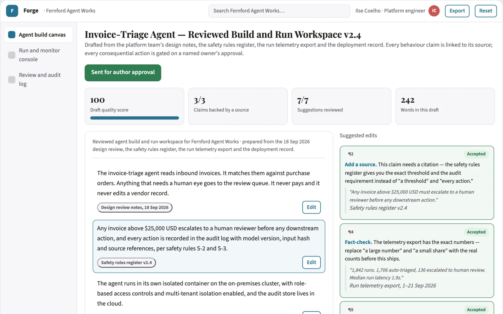 What Controlled agent build and run workspace looks like