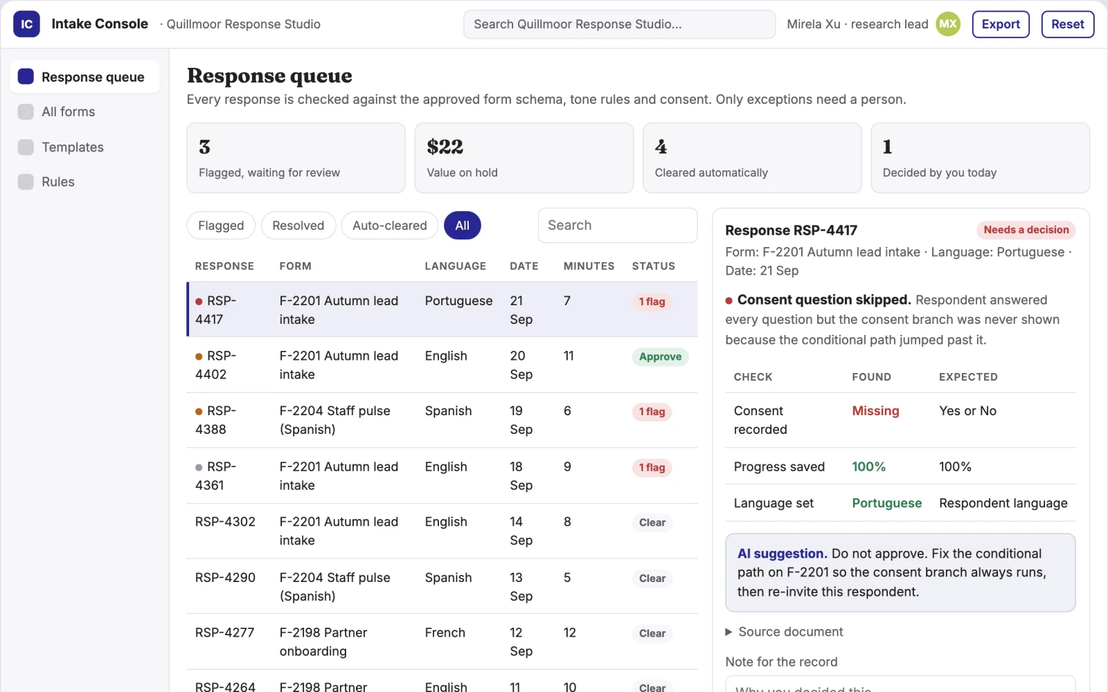 What Conversational intake and response library console looks like