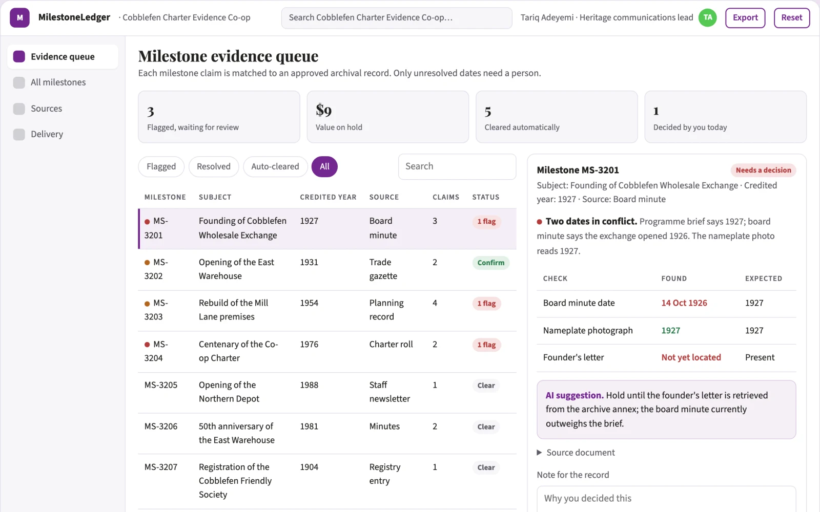 What Corporate milestone evidence planner looks like