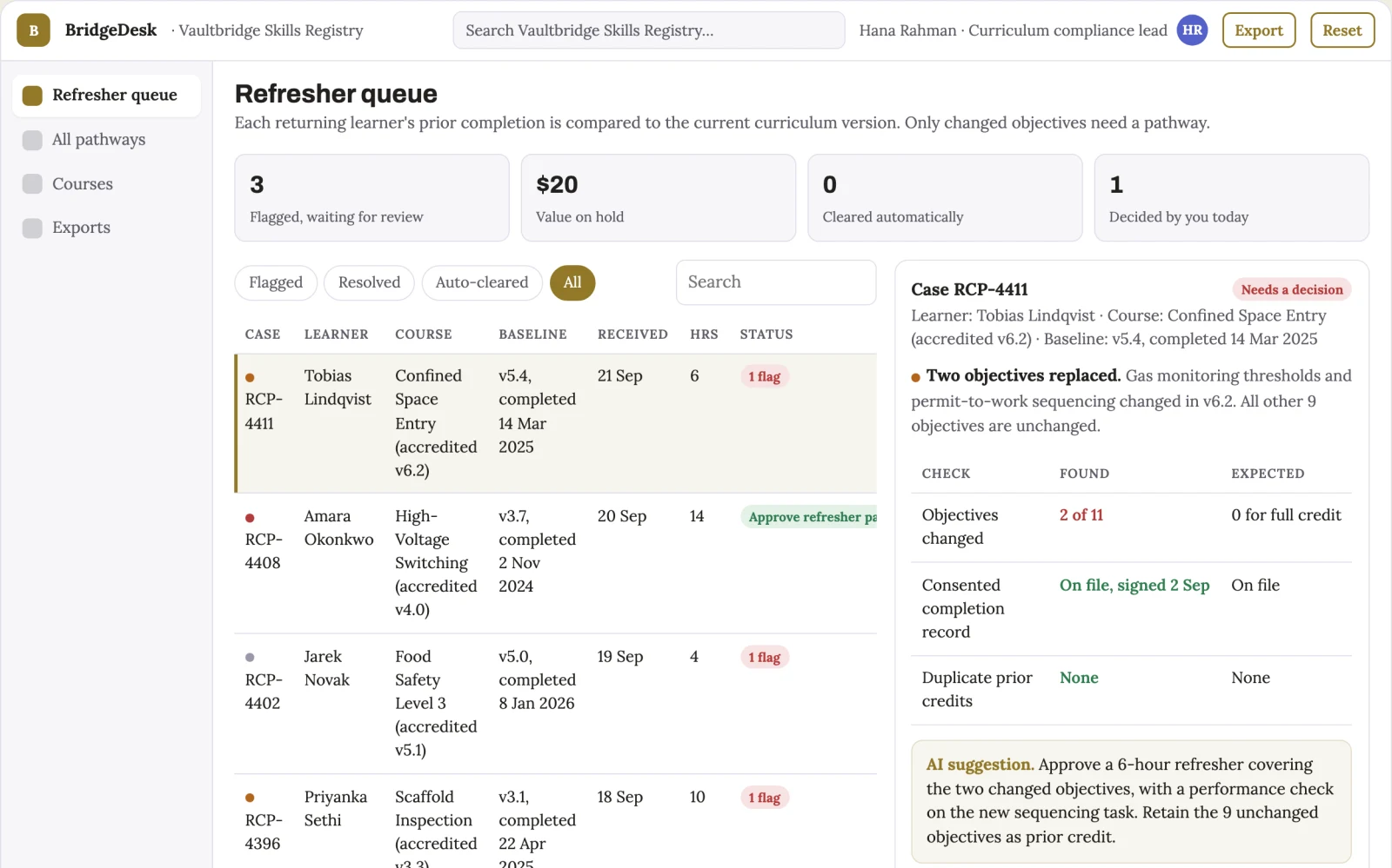 What Course content version-to-learner bridge looks like