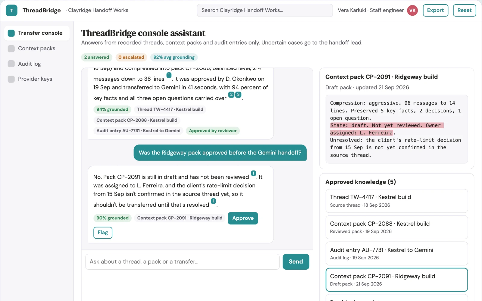 What Cross-assistant conversation transfer console looks like