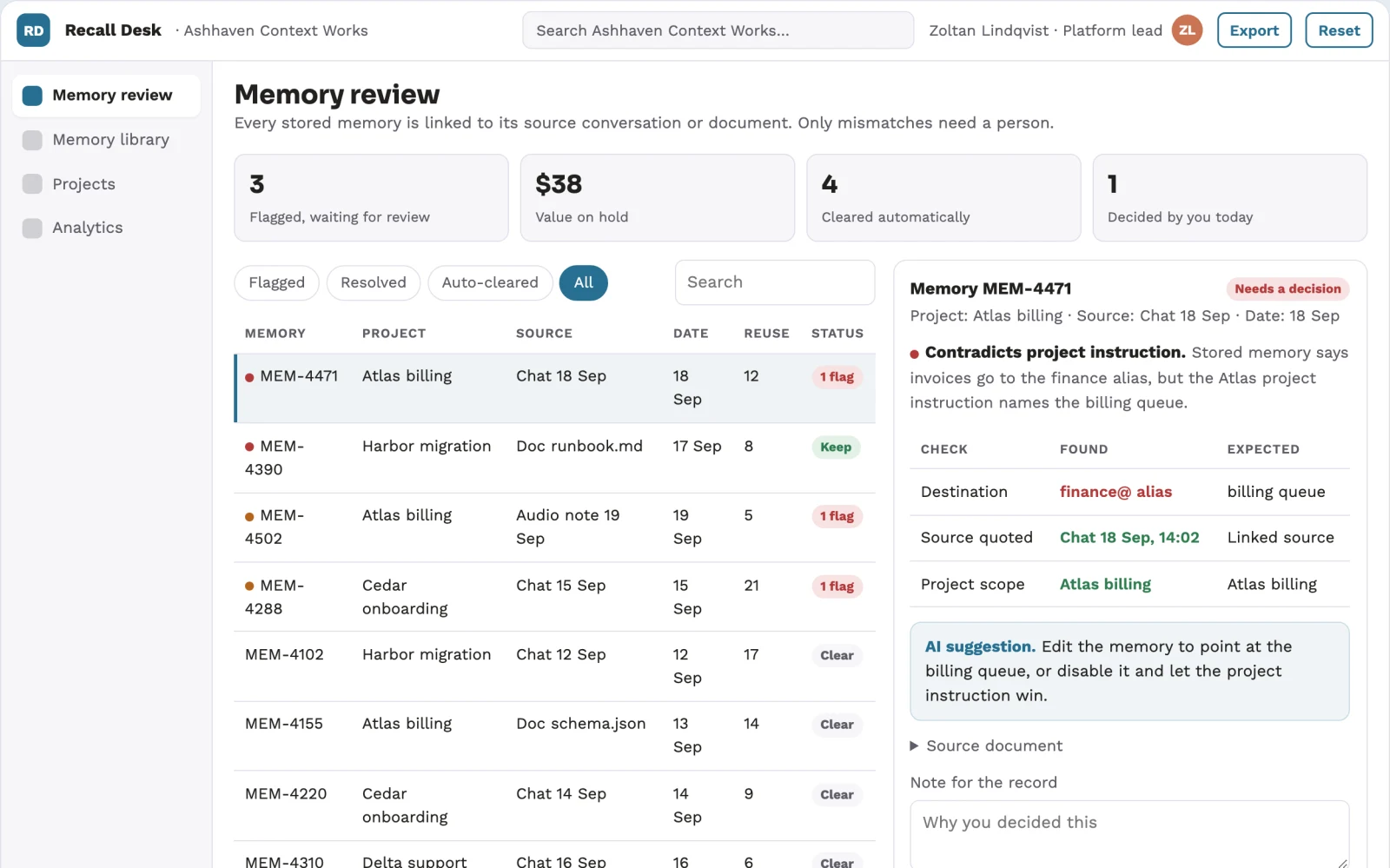 What Cross-project assistant memory and review console looks like